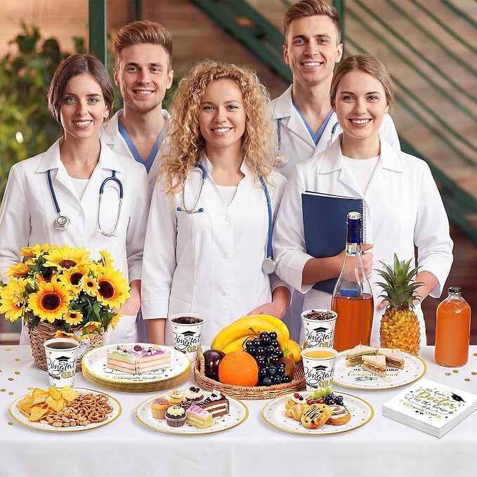 Vesici 150 Pcs Doctor Graduation Party Supplies We Have a Doctor in the House Tableware Set Paper Plate Cup Napkin 10" x 12" Large Heavy Duty Disposable Plate for Medical School Grads Celebration