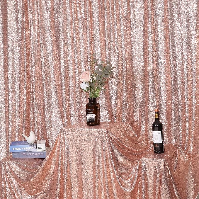 Eternal Beauty Rose Gold Sequin Backdrop, 8x8 Ft Glitter Background Curtains for Mother's Day Shimmer Photography Party Wedding Birthday Back Drop Decor
