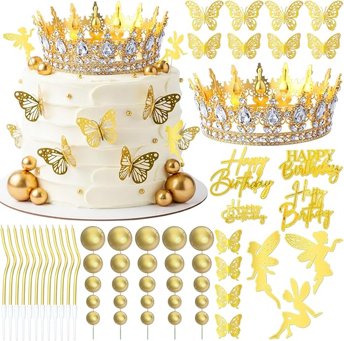 57Pcs 5.7'' Gold Crown Cake Topper Happy Birthday Cake Decoration with Crown Ball 3D Butterflies Birthday Candle Elf Sign Decor for Women Queen Anniversary Celebration Wedding Party Supplies