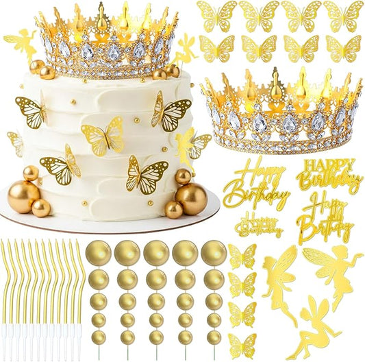 57Pcs 5.7'' Gold Crown Cake Topper Happy Birthday Cake Decoration with Crown Ball 3D Butterflies Birthday Candle Elf Sign Decor for Women Queen Anniversary Celebration Wedding Party Supplies