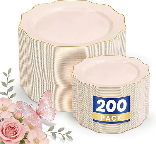 WDF 200PCS Pink Plastic Plates - Pink and Gold Plastic Plates - Include 100 Dinner Plate and 100 Cake Plate for Spring/Wedding/Bridal Shower/Tea party/Mother's Day