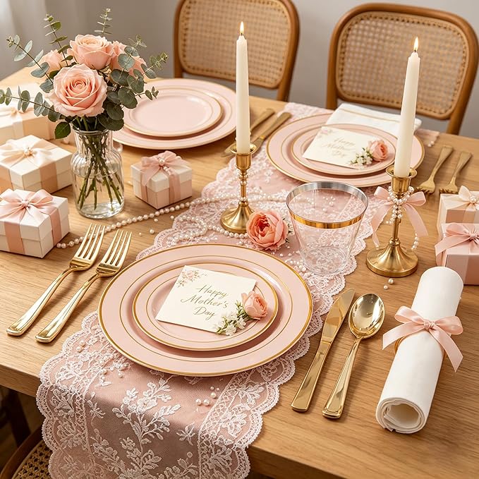 GATHER 700PCS Pink Plastic Plates - Gold Rim Disposable Plastic Dinnerware Set Include 200 Pink Plates, 300 Silverware, 100 Napkins, 100 Cups for Party & Wedding & Mother's Day