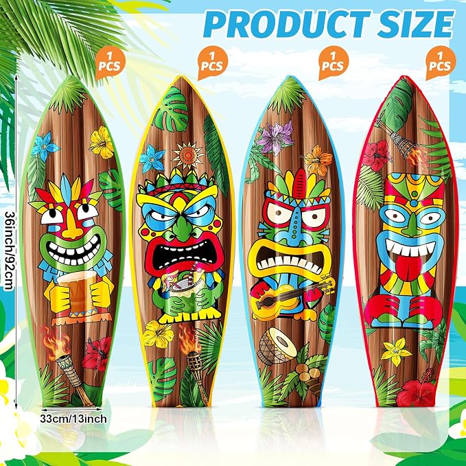 JellyArch 4 Pcs Tiki Inflatable Surf Board 36 Inch Tiki Party Decorations Blow up Surfboard Bar Decorations Inflatable Pool Floats for Hawaiian Luau Tropical Beach Party Supplies Outdoor Decor