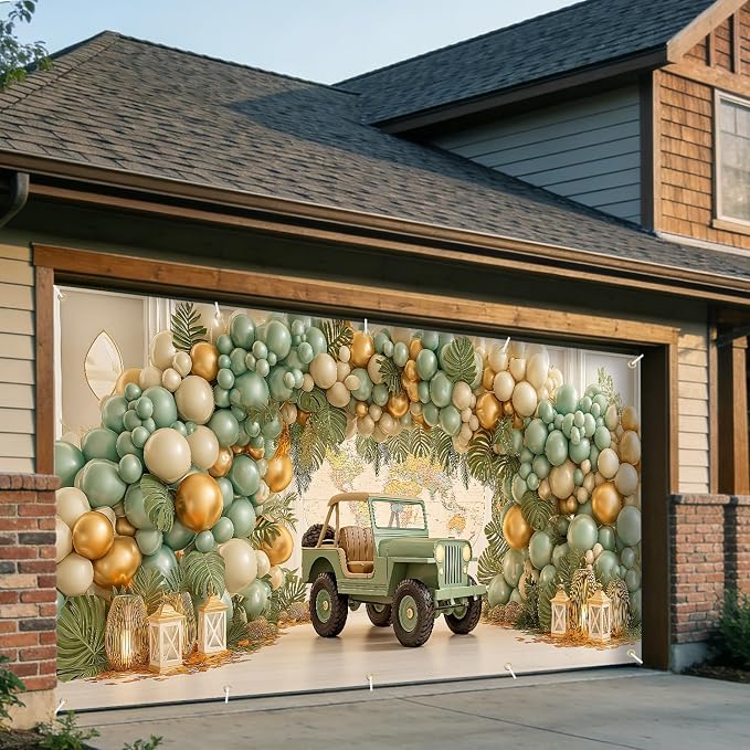 Happy Birthday Garage Door Banner Cover 7x16FT Waterproof –Jeep & World Map Backdrop with Green Gold Balloons,Indoor Outdoor Decor for Baby Shower,1st Birthday,Travel Themed Party & Photo Booth