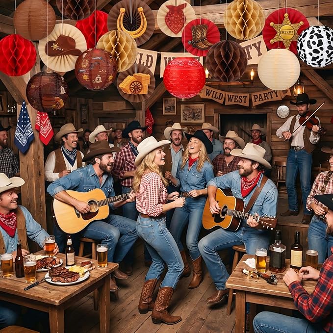 Retisee 18 Pcs Western Cowboy Party Decor Theme Hanging Paper Lanterns with Wagon Wheels Straw Hay Bales Honeycomb Ball Fans for Wild West Rodeo Birthday Wedding Supplies