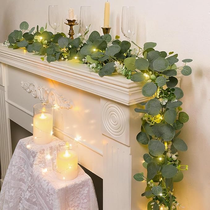 N&T NIETING 2 Pack Artificial Eucalyptus Garland with Lights, 6FT Artificial Greenery Garlands, Battery Operated Twig Vine for Room Stairs Mantle Wedding Holiday Mothers Day Decoration Indoor Outdoor