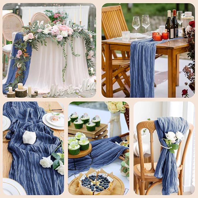 2PCS Table Runner Cheesecloth 10FT Blue Boho Gauze Cheese Cloth Rustic Sheer Table Runners for Wedding Birthday Bridal Baby Shower Party Decoration