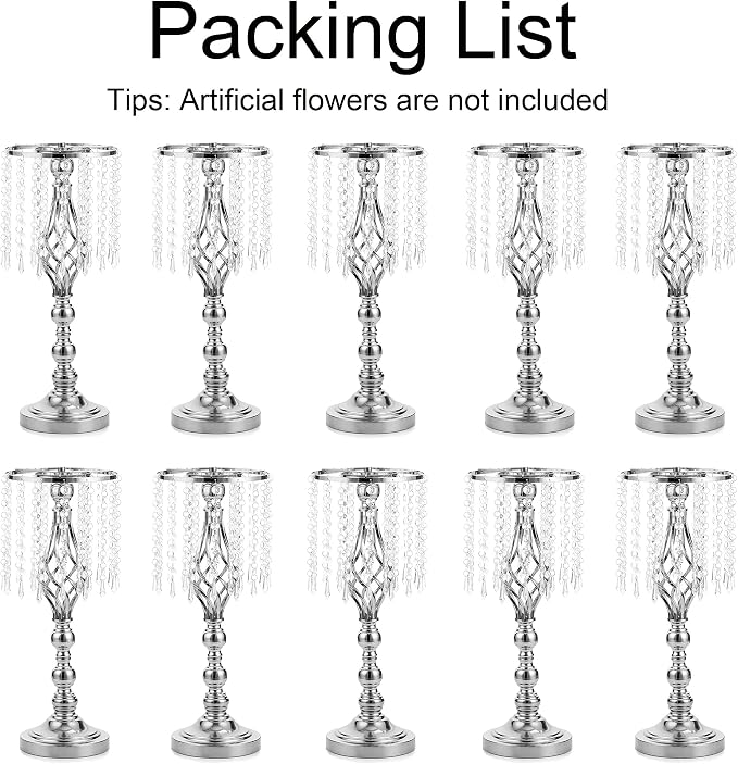 Sliver Vases Centerpieces for Weeding: 19.3" Tall Flower Stand with Crystal Patent for Table Center Piece Party Event Set of 10