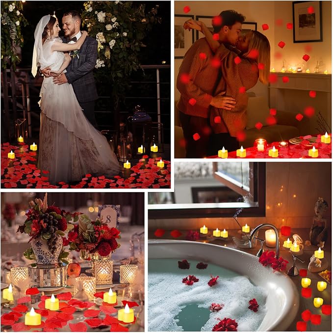 Coume 120 Pcs Romantic LED Heart-Shaped Candles with 6000 Rose Petals Set, Perfect for Weddings, Anniversaries, Home Decor, Date, Valentine’s Day, Battery-Operated, Reusable (Warm White Light)