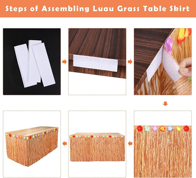 Fovths 12 Pack Luau Grass Table Skirt Natural 9 Feet x 29.5 Inch Hawaiian Table Skirt for Tropical Hawaiian Party Decorations Luau Party Costume, Reddish Golden Brown