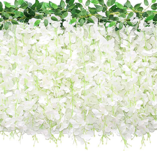 60 Branches Wisteria Hanging Flowers, 4Pcs Wisteria Artificial Flowers Garland, Artificial Wisteria Vine Silk Hanging Flower for Home Garden Outdoor Ceremony Wedding Arch Floral Decor (White)