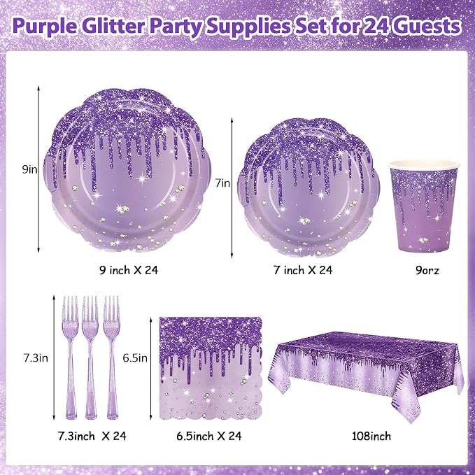 Purple Glitter Plates and Napkins Party Supplies Set, Scalloped Disposable Plates Cups Napkins Forks Tablecloth for Princess Birthday Baby Shower Bridal Shower Wedding Decorations, Serves 24 Guests