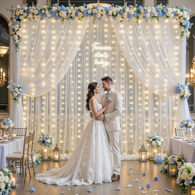20×12ft White Tulle Backdrop Curtain with Lights String for Parites Sheer Fabric Backdrop Curtains White Backdrop Drapes for Wedding Baby Shower Birthday Party Photo Shoot Background 4 Panels 5ft×12ft