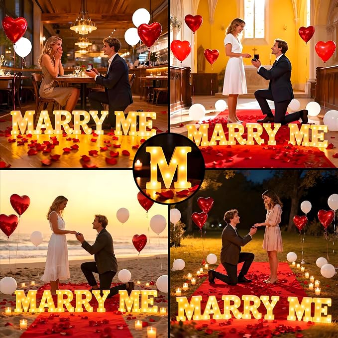 Marry Me Light Up Letters, with 30 Tea Lights Candles, Rose Petals, Aluminum Balloons, Balloons, Red Carpet, Rose Ring Box, Double Sided Tape, Valentine's Day Proposal Engagement Wedding Decorations