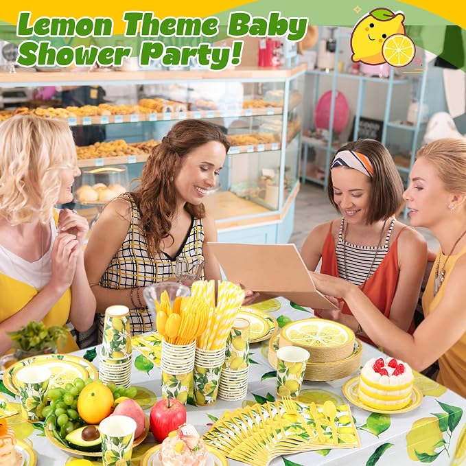 Funnymoom 452 Pcs Lemon Party Decorations, Yellow Lemons Paper Plates Napkins Cups Tablecloth Cutlery Straws for Summer Fruit Theme Birthday Wedding Baby Shower Party Supplies, Serves 50