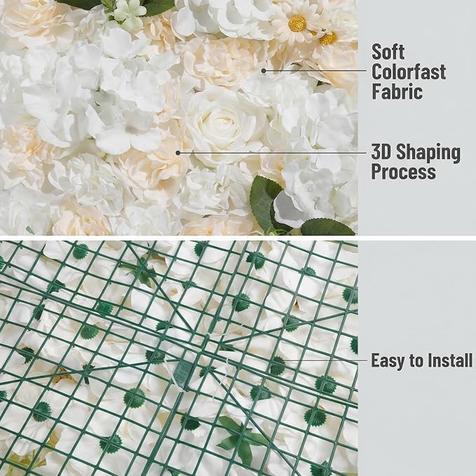 3D Flower Wall Backdrop - 6Pcs 16×24 Inch Artificial Rose Panels White Silk Floral Decor for Home Party Wedding Anniversary Birthday Photographic Studio Background & Decorative Fences