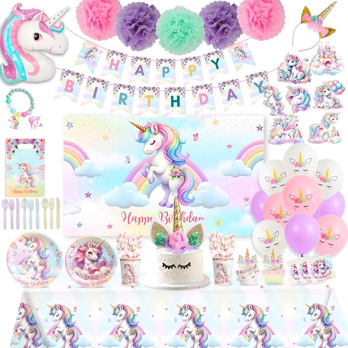191 Pc Unicorn Birthday Decorations for Girls – Complete Unicorn Party Decorations Supplies Kit with Backdrop, Banner, Plates, Napkins, Balloons, Headband, Tablecloth – Rainbow Party For Kids
