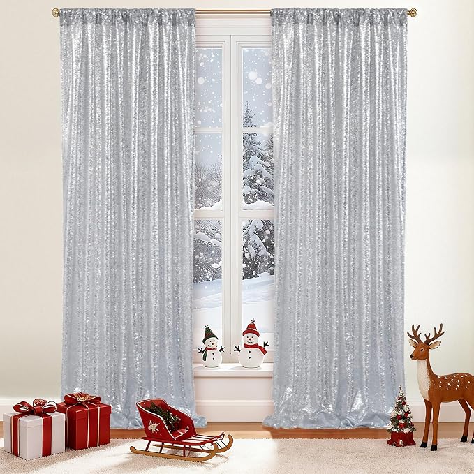 SquarePie 2 PCS 2x8ft Silver Sequin Backdrop Curtains, Satin-Backed Shimmering Photo Booth Background, 2 Panels Narrow Real Sequin Drapes with 4" Rod Pocket for Party, Baby Shower, Doorway Decor