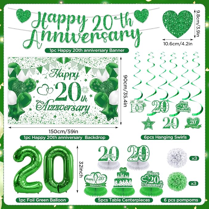 Green 20th Wedding Anniversary Decorations Kit Happy 20th Anniversary Banner Backdrop Table Honeycomb Centerpiece Hanging Swirls Poms Decor for Men Women 20 Years Wedding Anniversaries Party Supplies