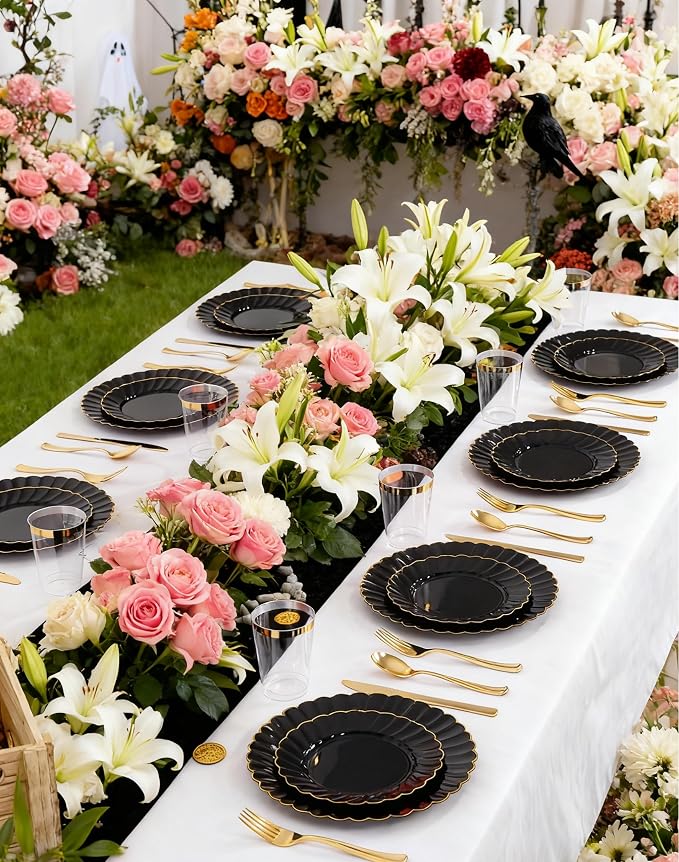 YOUBET 60PCS Black Scalloped Plastic Plates - Black and Gold Disposable Plates include 30 Gold Dinner Plate, 30 Dessert Plate for Party & Wedding