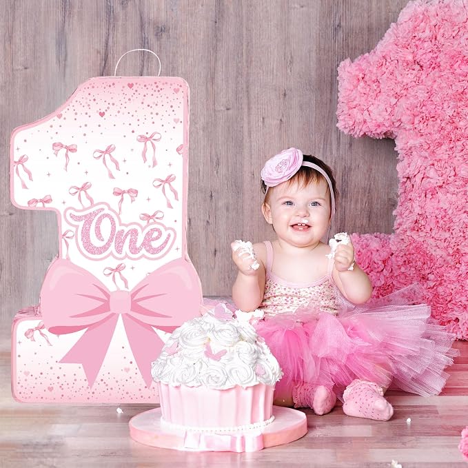 Blosssound Pink Bow Piñata Girl 1st Birthday Party Decorations Supplies Number One Piñata Set with Stick Blindfold for Pink Coquette Theme Birthday Baby Shower Celebration Decorations (Bow)