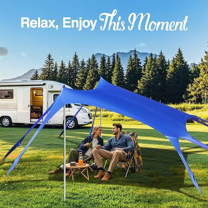 Rhino Valley Beach Tent, 10 x 13 FT Beach Shade UPF50+ Protection, Beach Canopy with 8 Sandbags 4 Stability Poles,Outdoor Beach Tent Sun Shelter Umbrella for Sand,Camping,Fishing Essentials, Indigo