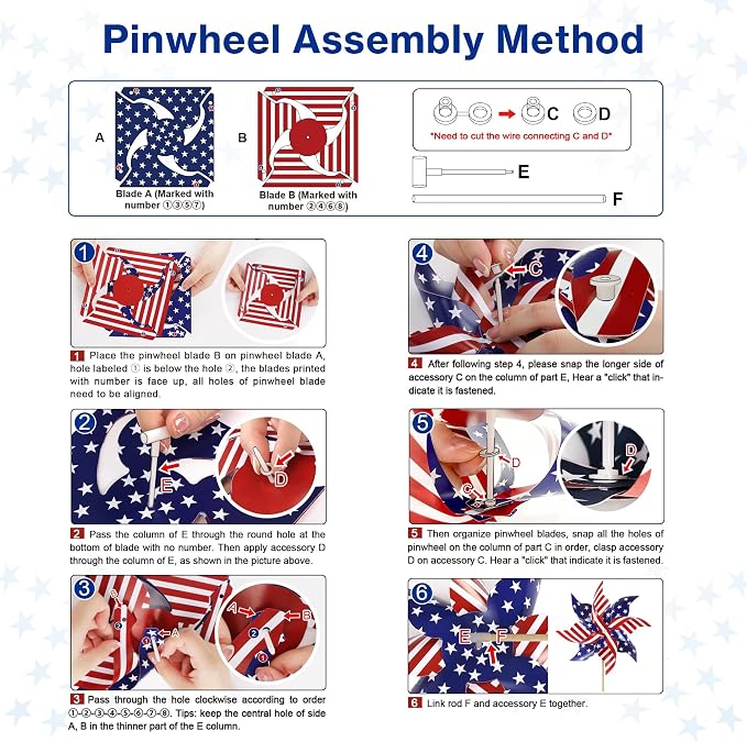 HOOSUN American Flags Patriotic Pinwheels,24 Pack 4th of July Decorations Small USA Flags On Stick With Fourth of July Pinwheels,Red White And Blue Memorial Day Decorations Patriotic Party Supplies