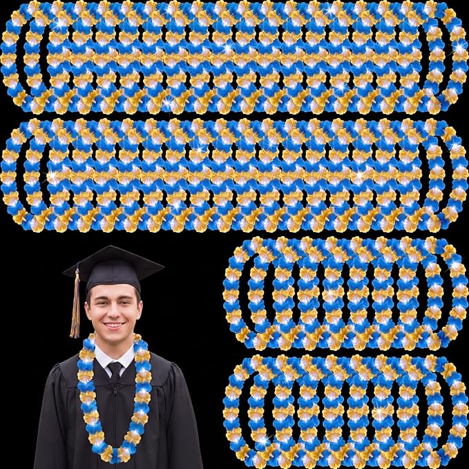 Sherr 48 Pcs Graduation LED Hawaiian Leis Class of 2026 Light Up Flower Leis Necklace with LED Lights Gold Blue Luau Flowers Necklaces for Graduation Party Decoration Supplies