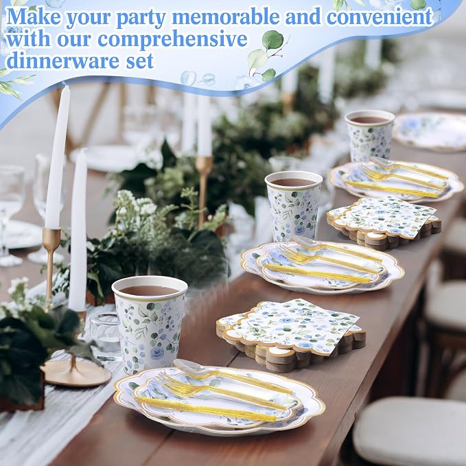 400 Pcs Sage Green Color Party Supplies Serve 50 Guests Eucalyptus Flowers Disposable Paper Plates Napkins and Cups for Bridal Baby Shower Birthday Wedding Party Decorations(Blue,Chic)