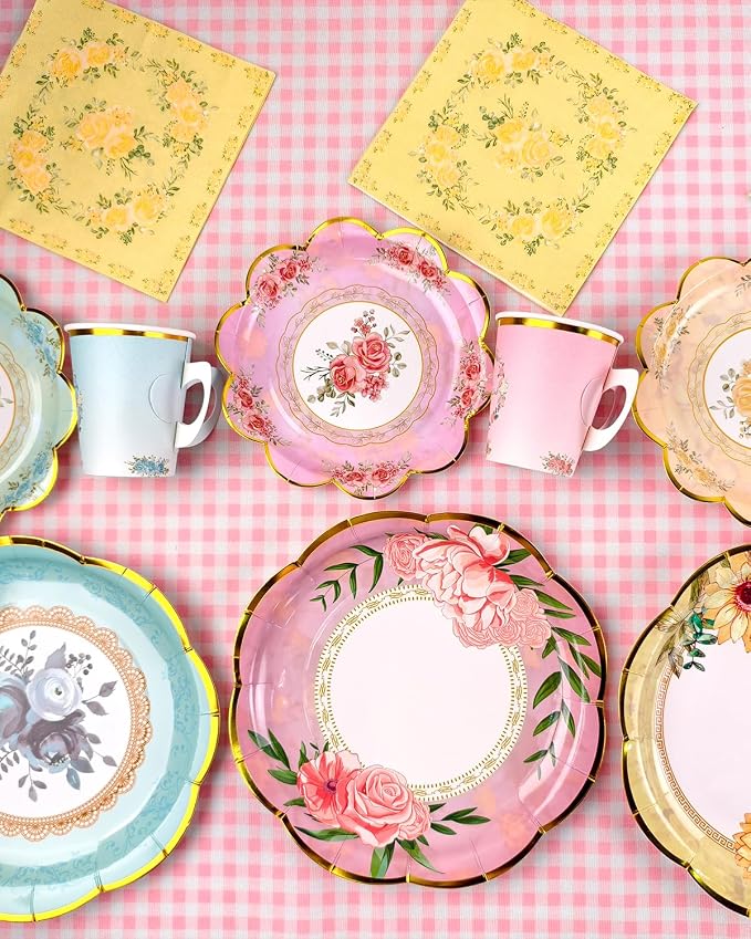 24 Sets Vintage Floral Paper Tea Cups and Saucers Disposable Tea Party Supplies, Teacup with Handle, 9'' ＆ 7'' Plate, Napkin, Afternoon Tea Party Decorations for Birthday, Baby Shower, Mother's Day