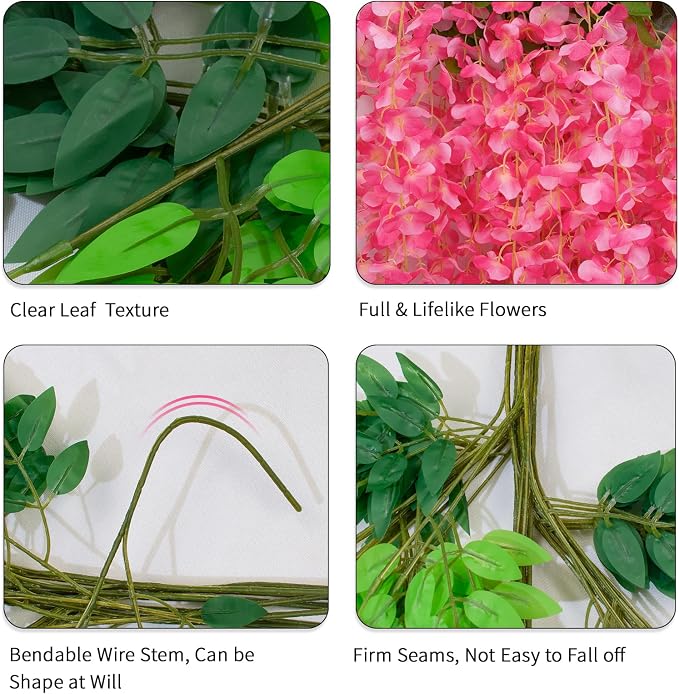 36 Pack Artificial Wisteria Hanging Flowers Fake Wisteria Flower Garland Silk Vines Rattan Decor for Home Wedding Arch Wall Garden Greenery Bedroom Outdoor Office Party Decoration (Dark Pink)