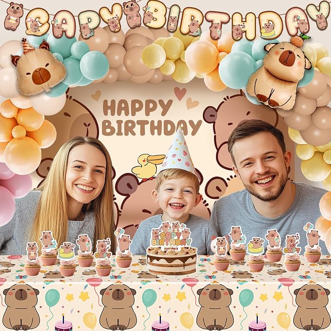 Capybara Birthday Party Decorations - 99pcs Balloons Garland Kit, Capybara Backdrop, Capy Birthday Banner, Tablecloth, Foil Balloons, Capybara Cake and Cupcake Toppers