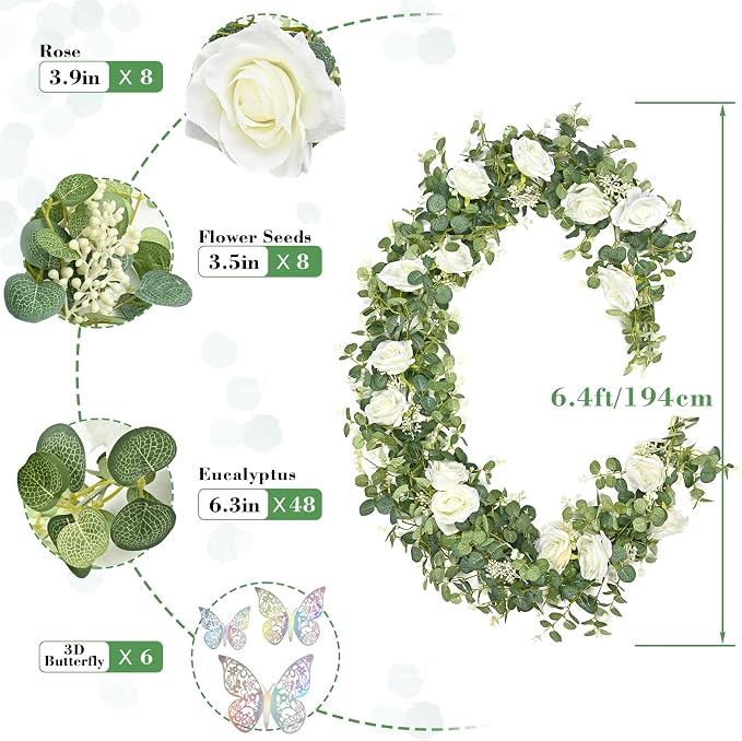 Yastouay 6 Ft Fuller White Flower Garland with Butterfly, Artificial Eucalyptus Garland with Flowers Fake Rose Vine Garland for Table Centerpiece Wedding Arch Baby Shower Party Room Backdrop Decor