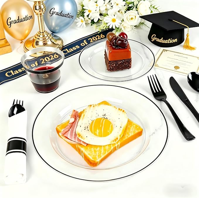 SUT 175 Pcs Black and Clear Plastic Dinnerware Set for 25 Guests, Include: 25 Dinner Plates, 25 Dessert Plates, 25 Pre Rolled Napkins With Silverware, 25 Cups, Disposable Plates for Party