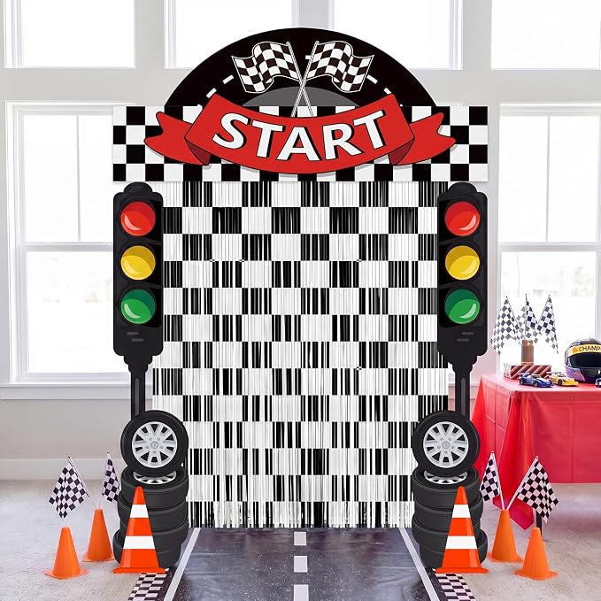 Peryiter 5 Pcs Race Car Birthday Party Decorations, Race Car Party Decorations Include Checkered Flag Arch Traffic Light Cutouts Tinsel Curtains Double-sided Tape for Racing Photo Booth Event Backdrop