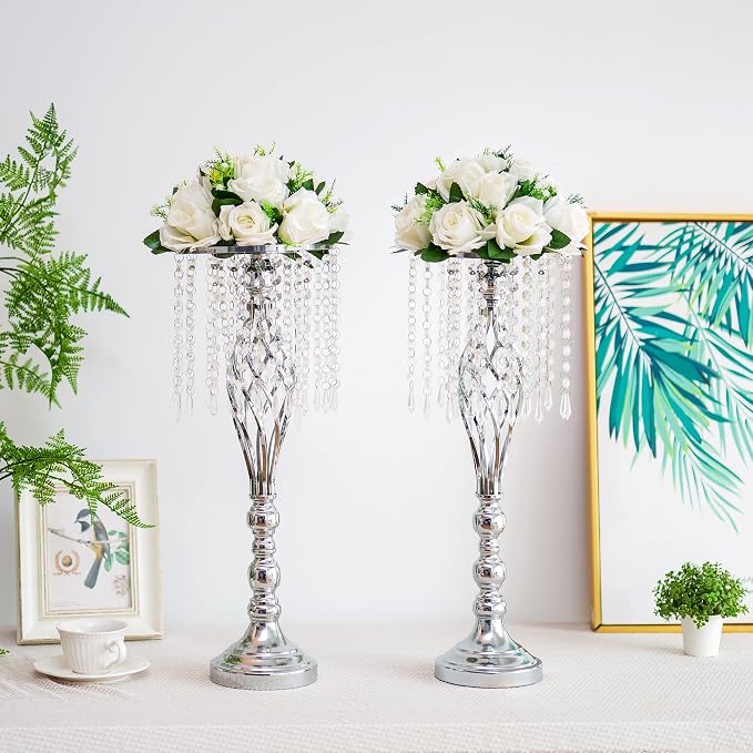 Sliver Vases Centerpieces for Table: 21.7" Tall Flower Stand with Crystal Patent for Wedding Center Piece Party Event Set of 2