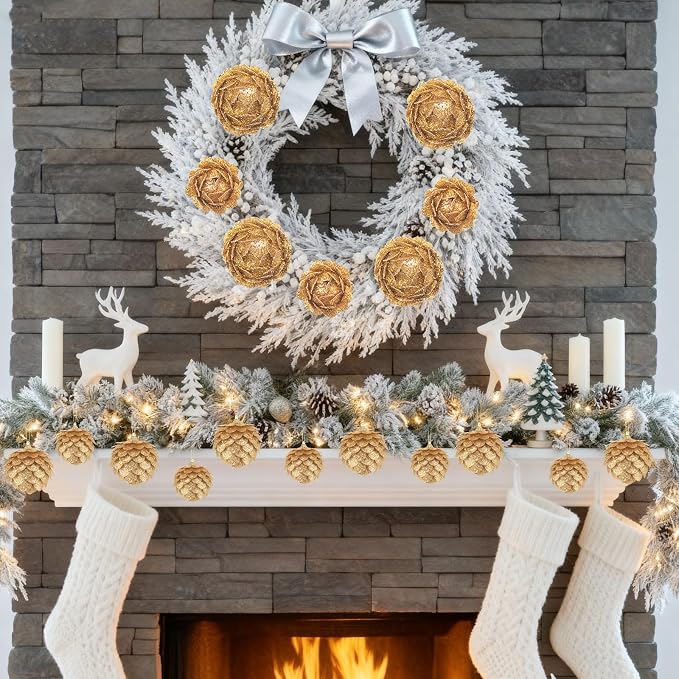 Sratte 8 Pcs Valentine Ball Ornaments Artificial Pinecone Hanging Ornaments Glitter Winter Faux Flower for Xmas Decor, 3.15/2.36 Inch(Gold)