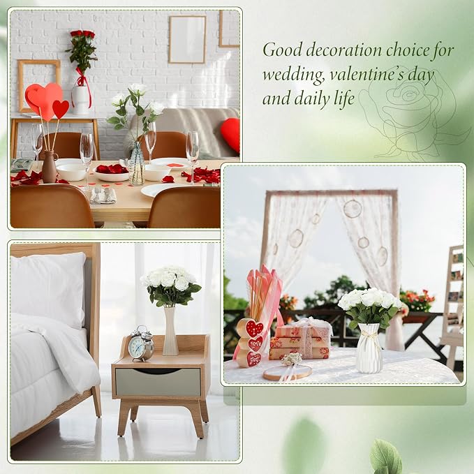 Hotop 20 Pcs Artificial Rose Flowers with Long Stem, Real Lifelike Silk Realistic Plastic Bouquet Roses Bulk for Home Decor Bridal Wedding Party Table Centerpieces Decorations(White)