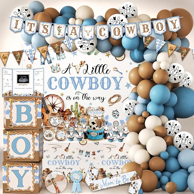 Cowboy Baby Shower Decorations for Boy, A Little Cowboy is on the Way Party Supplies, Western Rodeo Baby Shower Decor, It's a Boy Gender Reveal, Balloon Box Banner Backdrop Stickers Sash Cake Topper