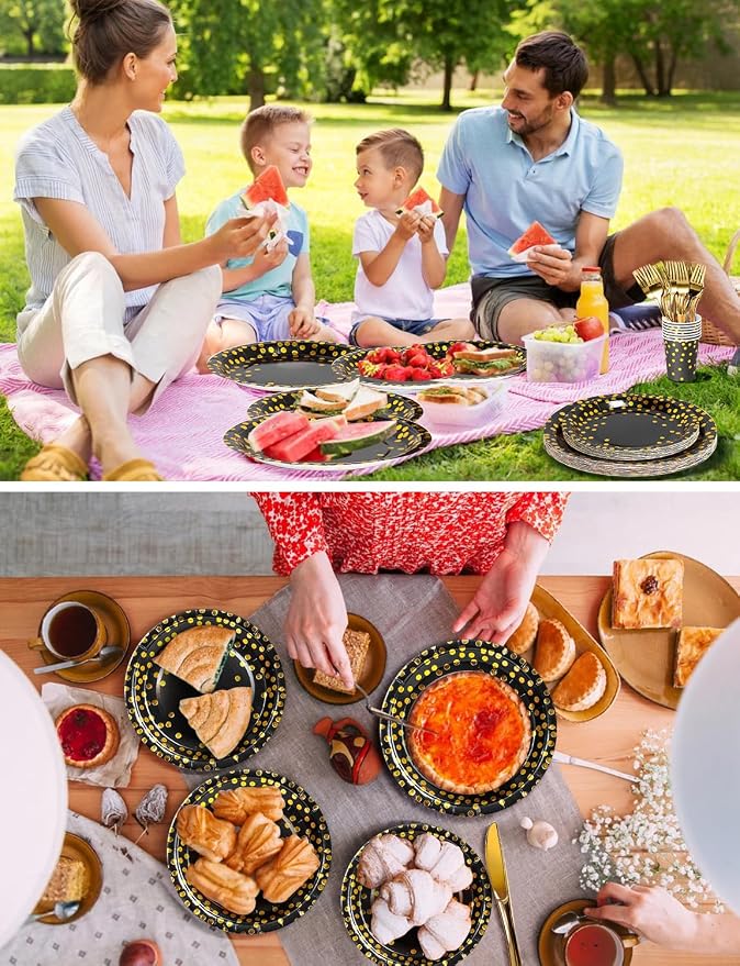 Nkaiso 141 Pieces Black Gold Party Supplies, Disposable Party Decorations Sets Include Paper Plates Napkins Cups, Plastic Forks Knives Spoons, for Baby Shower Birthday Wedding -20 Guests