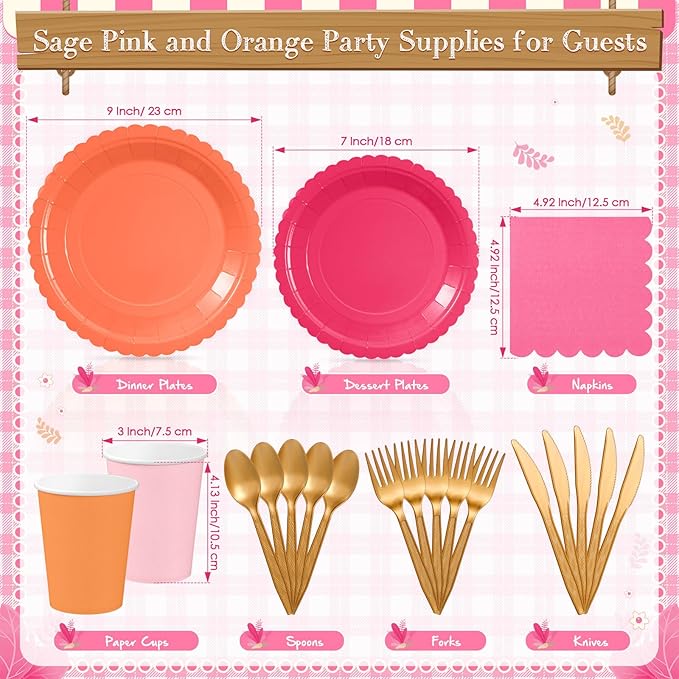 Zhehao 350 Pcs Pink and Orange Plates and Napkins Hot Pink Orange Party Disposable Tableware Kit with Plates, Cups, Napkins, Cutlery for Sunset Neon Baby Shower, Birthday, Wedding Party Supplies