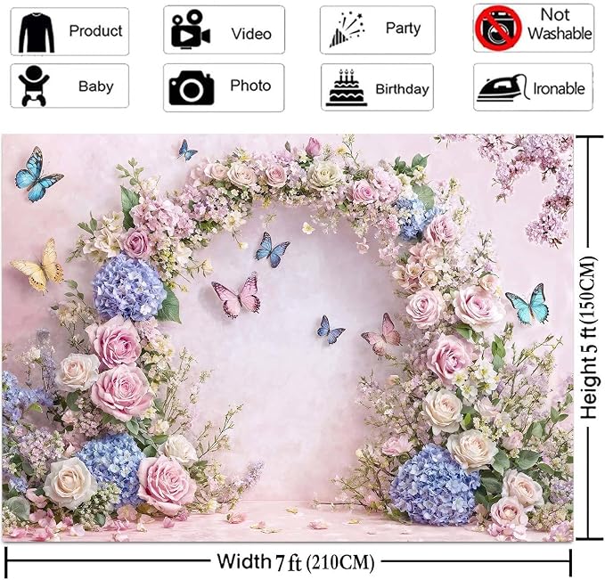 15x10ft Pink Butterfly Floral Backdrop Baby Shower Colorful Flowers Backdrops for Photograph Background Wedding Girl Birthday Table Cake Party Decorations Photo Studio Props