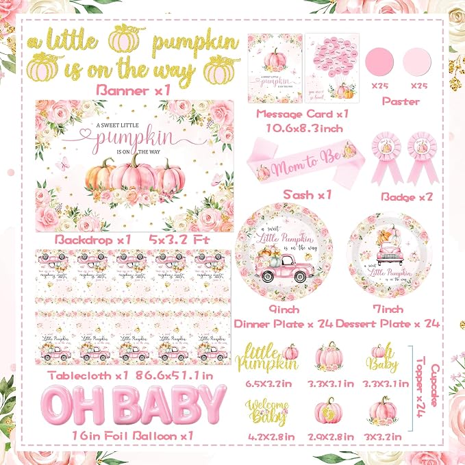 249pcs Little Pumpkin Baby Shower Decorations for Girl,A Sweet Little Pumpkin is On the Way Baby Shower,Pink Pumpkin Floral Balloons Plates Boxes Tablecloth for Fall Thanksgiving Autumn Party Decor