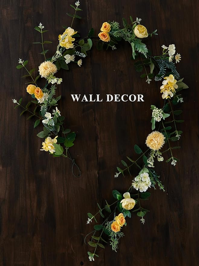 MISSPIN 5.9Ft Eucalyptus Garland with Flowers, Artificial Fake Flower Greenery Spring Garland for Baby Shower Wedding Mantle Table Centerpiece Spring Decor