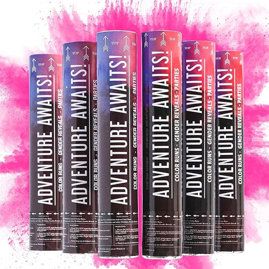 Adventure Awaits! - Baby Gender Reveal & for Other Festivals - Color Dispenser 12" x 6-Pack Hand Held Air Filled Party Popper - Also for Color Run Festival Product (Pink)