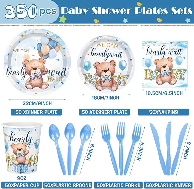 405 Pcs Blue Bear Baby Shower Decorations for Boy, We Can Bearly Wait Baby Shower Tableware Set Plates Napkins Cups Cutlery, Blue Bear Party Supplies with Tablecloth Banner, Serves 50 Guests