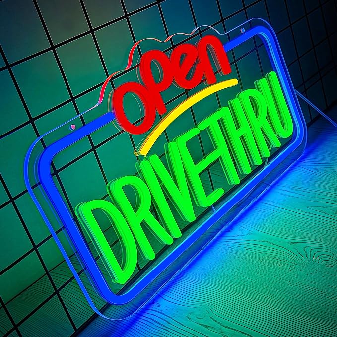 Drive Thru Open Neon Signs for Wall Decor LED Drive Thru Sign for Business for Fast Food, Electric Advertising Display Sign for Pizza Burger Business Shop Store Window Home Decor