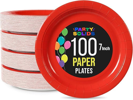 Exquisite Party Solids Red Paper Plates Disposable Heavy Duty 7 Inch Red Disposable Plates For Party 100 Pcs Heavy Duty 350 GSM, Birthday Supplies