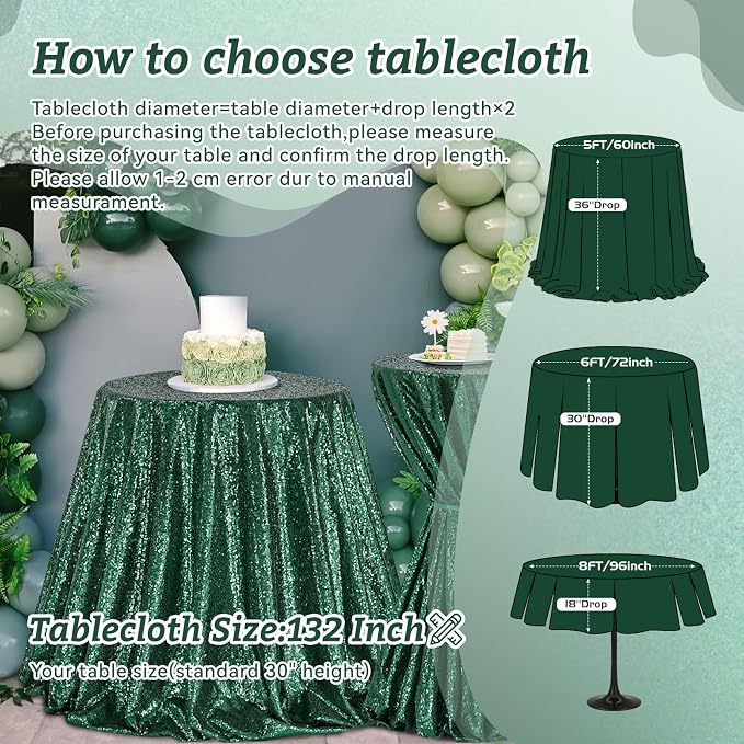 B-COOL Round Tablecloth Party Decorations: 132 Inch Table Cloth Emerald Green Large Sequin Fabric Overlay for Indoor Outdoor Dining Parties St. Patrick's Day Graduation