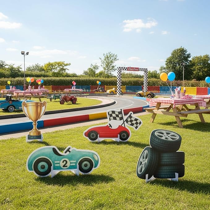 Honoson 4 Pcs Large 30" Racing Car Cardboard Cutouts Standup, Race Car Birthday Party Decorations Check Flag Trophy Tire Photo Booth Props for Photography Backdrop Baby Shower Party Supplies Yard Sign